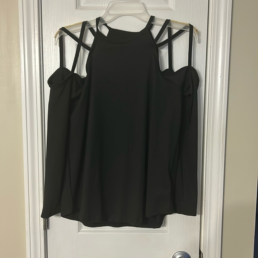 Black Blouse, long sleeve - shoulder cut out - medium
